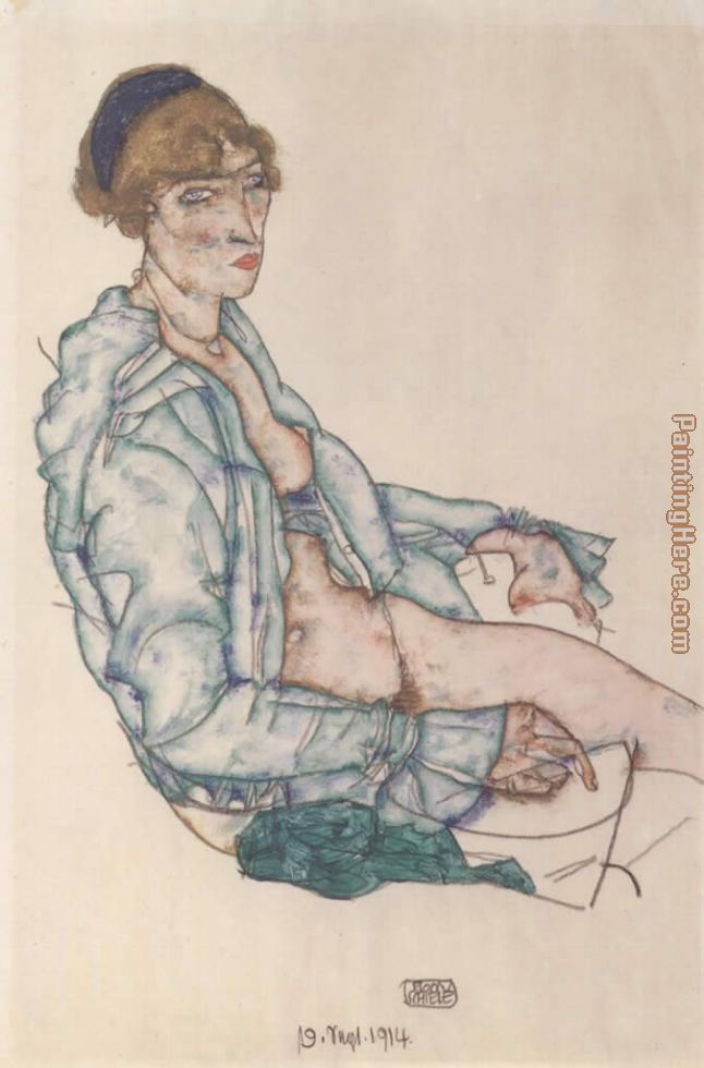 Sitting woman with blue hair ribbon painting - Egon Schiele Sitting woman with blue hair ribbon art painting